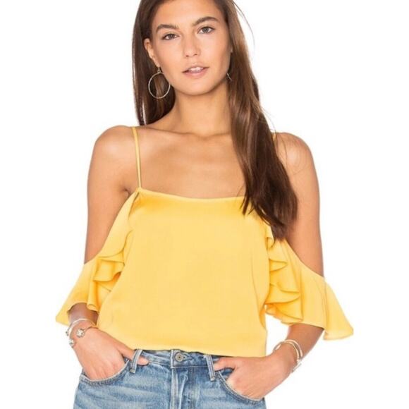 L'Academie Revolve Marigold Yellow Off Shoulder Ruffle Spaghetti Bodysuit Large - Picture 1 of 14